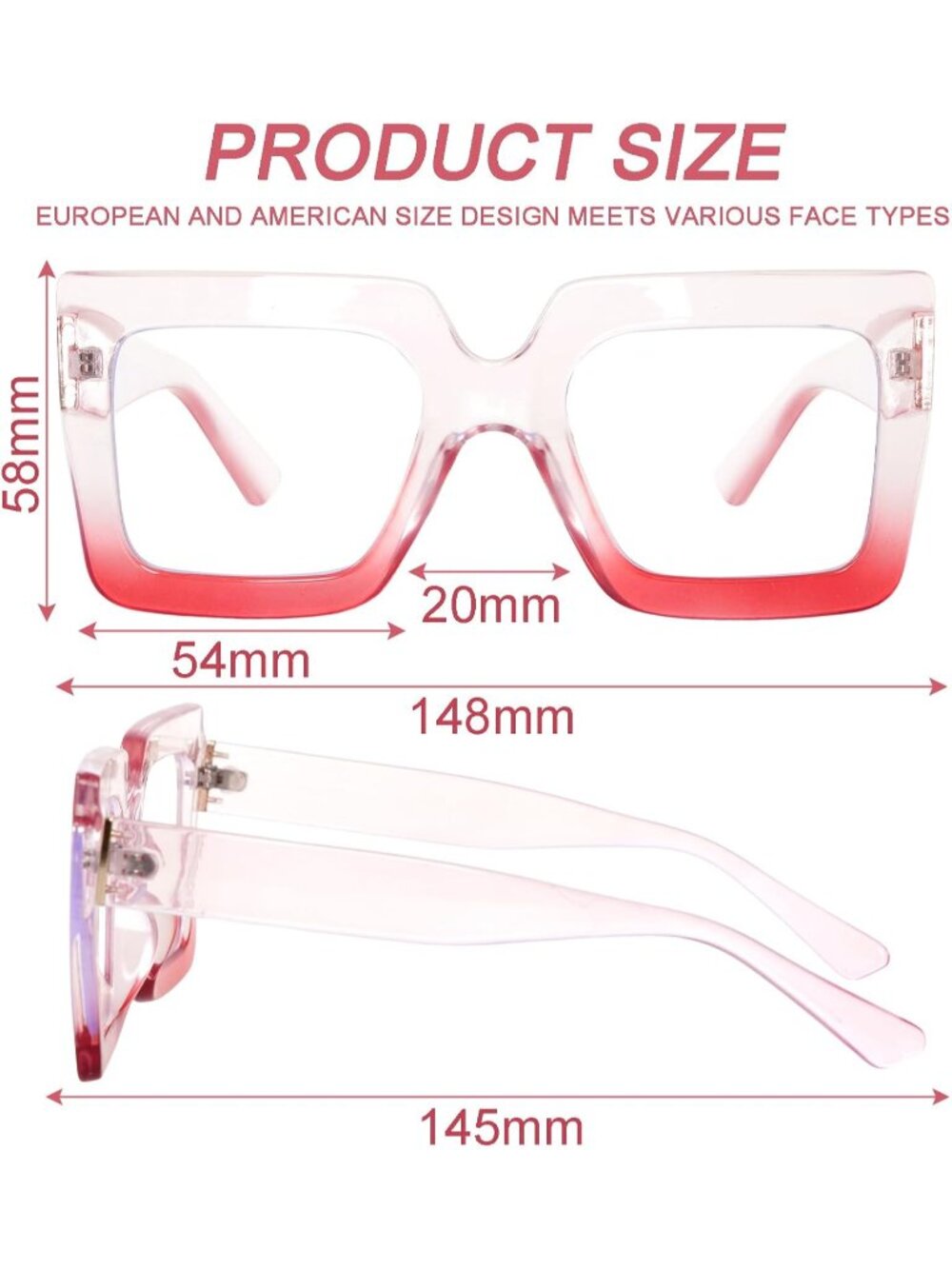 Women's Pink Oversized Square Big Frame Computer Eyewear Thick Fashion Glasses - Picture 2 of 7